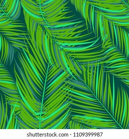 Vector Seamless Pattern of Exotic Palm Leaves. Tropic Summer Background. Realistic Jungle Foliage in Modern Style. Tropic Seamless Pattern for Print, Paper, Cloth Design, Textile, Wallpaper, Wrapping.
