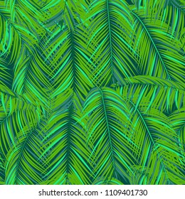 Vector Seamless Pattern of Exotic Palm Leaves. Tropic Summer Background. Realistic Jungle Foliage in Modern Style. Tropic Seamless Pattern for Print, Paper, Cloth Design, Textile, Wallpaper, Wrapping.