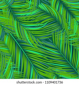 Vector Seamless Pattern of Exotic Palm Leaves. Tropic Summer Background. Realistic Jungle Foliage in Modern Style. Tropic Seamless Pattern for Print, Paper, Cloth Design, Textile, Wallpaper, Wrapping.