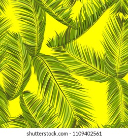 Vector Seamless Pattern of Exotic Palm Leaves. Tropic Summer Background. Realistic Jungle Foliage in Modern Style. Tropic Seamless Pattern for Print, Paper, Cloth Design, Textile, Wallpaper, Wrapping.