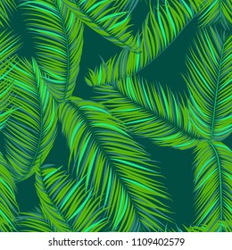 Vector Seamless Pattern of Exotic Palm Leaves. Tropic Summer Background. Realistic Jungle Foliage in Modern Style. Tropic Seamless Pattern for Print, Paper, Cloth Design, Textile, Wallpaper, Wrapping.