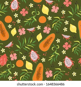 Vector seamless pattern with exotic and tropical fruits and citruses. dragon fruit and papaya