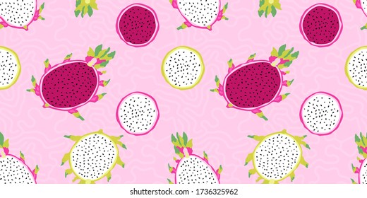 Vector seamless pattern of exotic tropical ripe dragon fruit, pitaya in trendy hand drawn style. Colorful summer background for textile, wallpaper, digital paper, children backdrop, hawaiian print