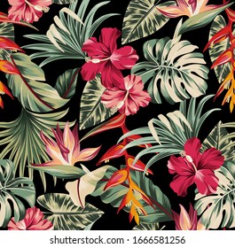 Vector seamless pattern Exotic   wallpaper of tropical flowers  green leaves of palm trees and flowers bird of paradis, hibiscus, artwork for fabrics, souvenirs, packaging, greeting cards 