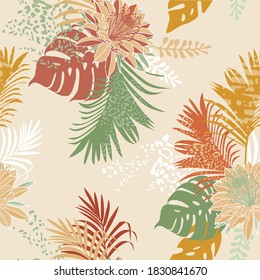 Vector seamless pattern Exotic   wallpaper of tropical flowers  green leaves of palm trees and flowers  hibiscus, artwork for fabrics, souvenirs, packaging, greeting cards 