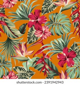 Vector seamless pattern Exotic   wallpaper of tropical flowers  green leaves of palm trees and flowers bird of paradise, hibiscus, artwork for fabrics, souvenirs, packaging, greeting cards 