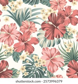 Vector seamless pattern Exotic   wallpaper of tropical flowers  green leaves of palm trees and flowers bird of paradis, hibiscus, artwork for fabrics, souvenirs, packaging, greeting cards 