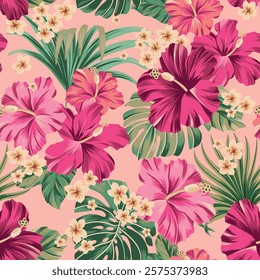 Vector seamless pattern Exotic   wallpaper of tropical flowers  green leaves of palm trees and flowers bird of paradis, hibiscus, artwork for fabrics, souvenirs, packaging, greeting cards 
