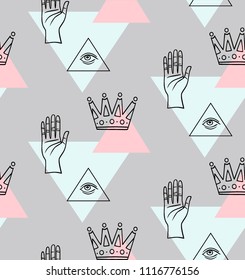 Vector seamless pattern with Eye of Providence  all-seeing eye of God hand triangle crown masonic symbols esoteric signs