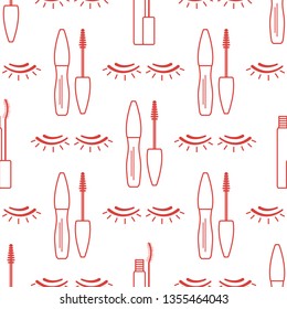 Vector seamless pattern with eyelashes, mascara. Decorative cosmetics, makeup background. Glamour fashion vogue style. Design for banner, poster or print.