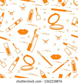 Vector seamless pattern with eyelashes, mascara, lips, lipstick, mirror, brush, pencil. Decorative cosmetics, makeup background. Glamour fashion vogue style.