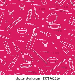 Vector seamless pattern with eyelashes, mascara, lips, lipstick, mirror, brush, pencil. Decorative cosmetics, makeup background. Glamour fashion vogue style.