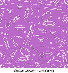 Vector seamless pattern with eyelashes, mascara, lips, lipstick, mirror, brush, pencil. Decorative cosmetics, makeup background. Glamour fashion vogue style.