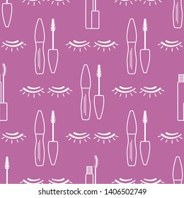 Vector seamless pattern with eyelashes, mascara. Decorative cosmetics, makeup background. Glamour fashion vogue style. Design for banner, poster or print.