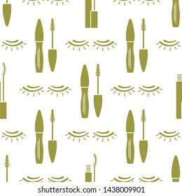 Vector seamless pattern with eyelashes, mascara. Decorative cosmetics, makeup background. Glamour fashion vogue style. Design for banner, poster or print.