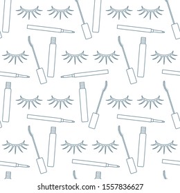 Vector seamless pattern with eyelashes, mascara, pencil. Decorative cosmetics, makeup background. Glamour fashion vogue style. Design for textile, wrapping, print.