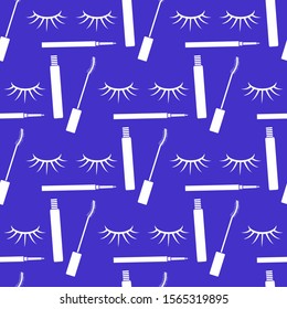 Vector seamless pattern with eyelashes, mascara, pencil. Decorative cosmetics, makeup background. Glamour fashion vogue style. Design for textile, wrapping, print.
