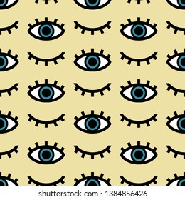 Vector seamless pattern of eyes open and closed on yellow background