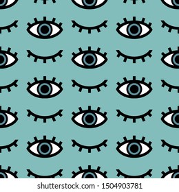 Vector seamless pattern of eyes open and closed on blue background