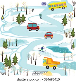 Vector seamless pattern for  the fabric, knitwear, packaging, children's play mat and so on. Pattern with cars, snowmobiles, skiers on the  winter forest and white  snow background
