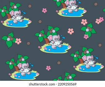 Vector seamless pattern for fabric and paper with elephants and coconut palms on a black background. Drawing for fabric, textiles, children's clothing, wallpaper.