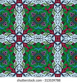 Vector seamless pattern, fabric repeating texture. Tribal ethnic ornament. Hand drawn doodle abstract background.
