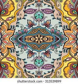 Vector seamless pattern, fabric repeating texture. Tribal ethnic ornament. Hand drawn doodle abstract background.