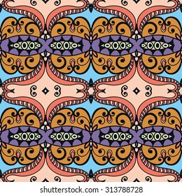 Vector seamless pattern, fabric repeating texture. Tribal ethnic ornament. Hand drawn doodle abstract background.