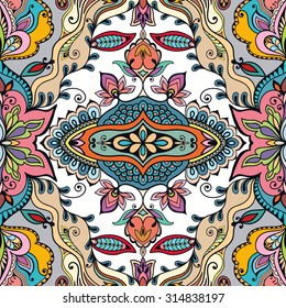 Vector seamless pattern, fabric repeating texture. Tribal ethnic ornament. Hand drawn doodle abstract background.