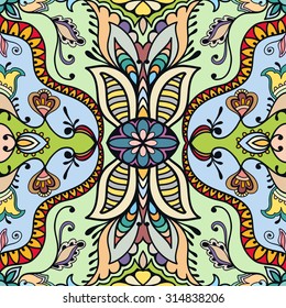 Vector seamless pattern, fabric repeating texture. Tribal ethnic ornament. Hand drawn doodle abstract background.