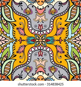 Vector seamless pattern, fabric repeating texture. Tribal ethnic ornament. Hand drawn doodle abstract background.