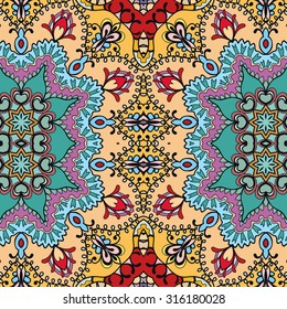 Vector seamless pattern, fabric repeating texture. Tribal ethnic arabic indian ornament. Hand drawn doodle abstract background. 