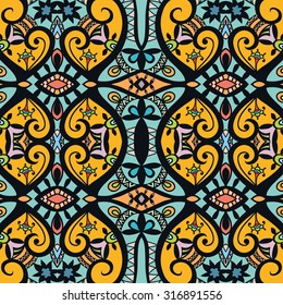 Vector seamless pattern, fabric repeating texture. Tribal ethnic decorative ornament. Hand drawn doodle abstract background.