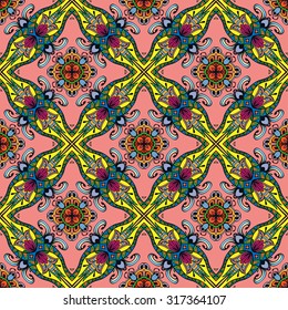 Vector seamless pattern, fabric repeating texture. Tribal ethnic ornament. Hand drawn doodle abstract background.