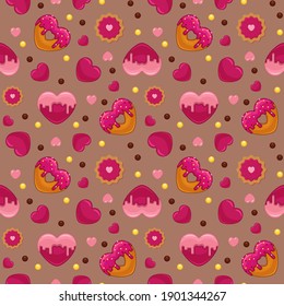 vector seamless pattern for fabric, scrapbooking, web backgrounds, packaging. Pink hearts, cookies with marmalade, donuts in the form of hearts with icing