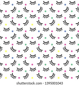 Vector seamless pattern for fabric, wallpaper. For women’s underwear, sleepwear. Baby girl fashion collection. Hand draw lips eyes and lashes elements. Sweet style. Scrapbooking. Background texture.