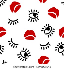 Vector seamless pattern for fabric, wallpaper. For women’s underwear, sleepwear. Baby girl fashion collection. Hand draw lips eyes and lashes elements. Sweet style. Scrapbooking. Background texture.