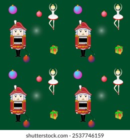 Vector seamless pattern with fabulous Christmas characters Nutcracker, ballerina and gift boxes. A Christmas tale for children. Merry Christmas template for printing on any products. Happy New Year.