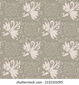 Vector seamless pattern with a fabulous mythical bird spreading her wings on a delicate background. Excellent for women's clothing fabric, interior textiles, wrapping paper, gift wrapping, etc.