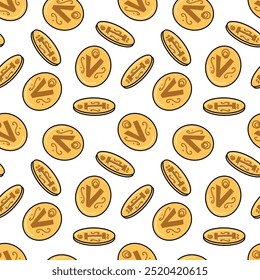 Vector seamless pattern fabulous stylised antique gold coins. Fairy tale abstract background. Isolated on the white color.