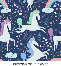 Vector seamless pattern of fabulous unicorns among flowers and rainbows. Fabulous concept for children's textiles, room decor