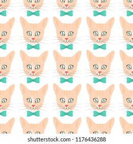 Vector seamless pattern with face of cute beige cat with mint bow tie isolated on the white background.