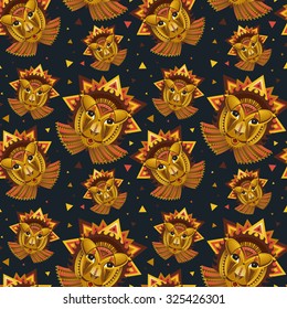 vector seamless pattern from face of lion builded from circles, triangles and other shapes. Flat geometric roaring tropic animal creative Polygonal  african decoration