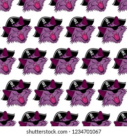 Vector seamless pattern with face of purple cat in pirate hat and eye patch isolated on the white baсkground.