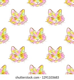 Vector seamless pattern with face of spring colorful cat with outline isolated on the white background.