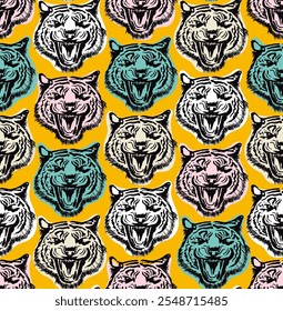 Vector seamless pattern with face tigers on the yellow background. Circus animal show. Endless pattern Angry Tiger Face. Vector paint, ink brush strokes. Fashionable fabric design.