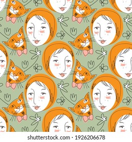 Vector seamless pattern with faces of children and muzzles of cats. Line drawn portrait of people with cats. Pretty ginger cat and ginger boy. 