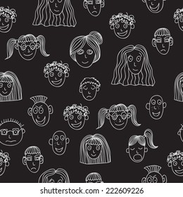 Vector seamless pattern with faces of different people in black and white colors