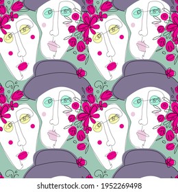 Vector seamless pattern with  faces and flowers. 