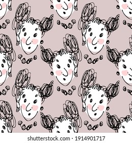 Vector seamless pattern with faces. Line drawn portrait of women.